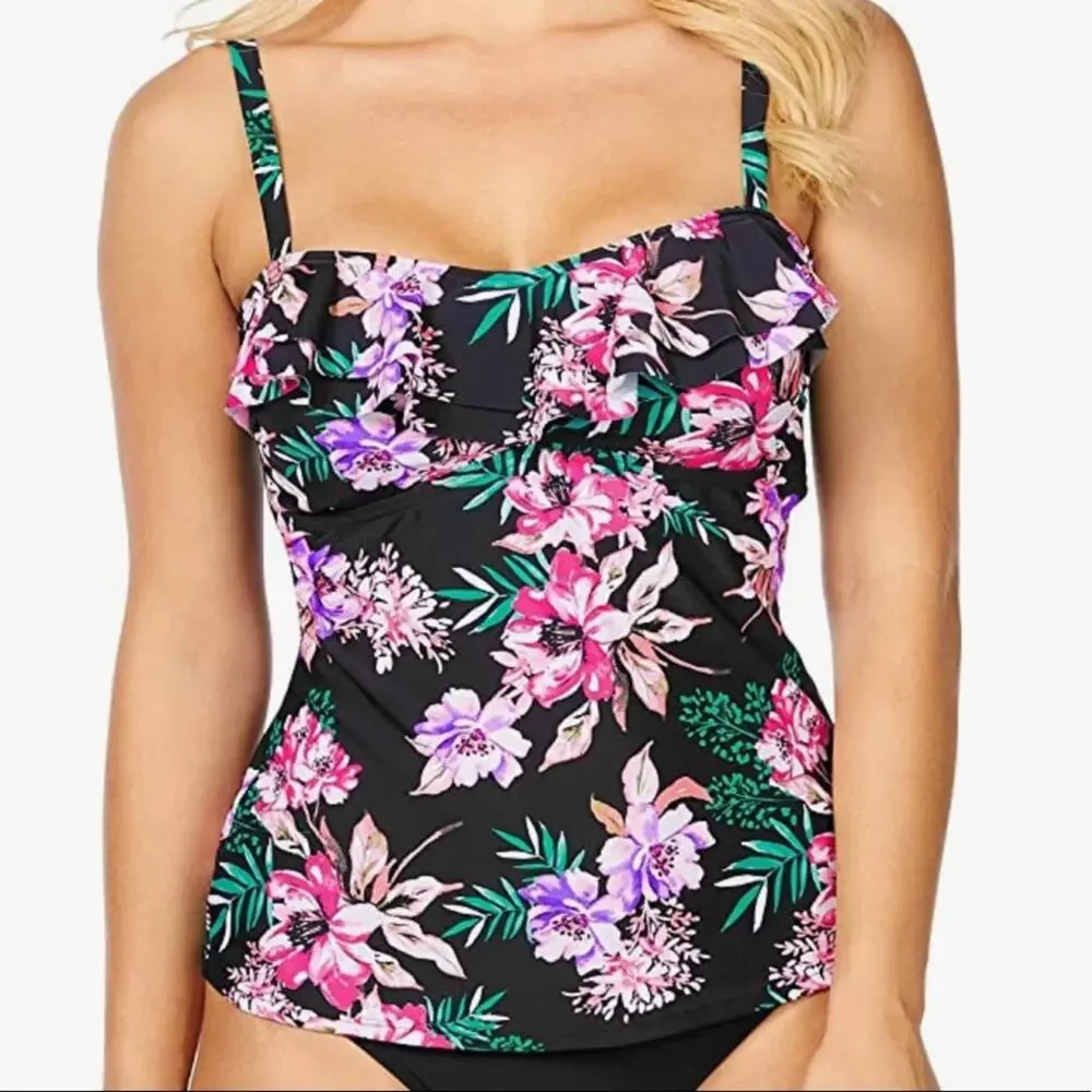 Island Escape BLACK Floral Tankini Swim Top Sz 10